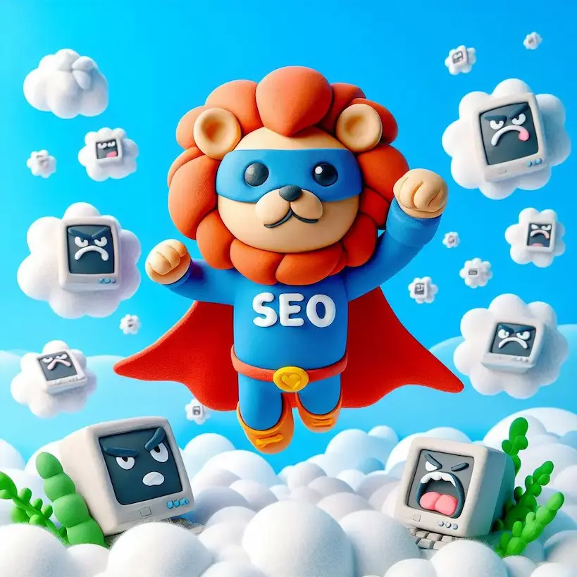 LionLink lion in a SEO super hero costume