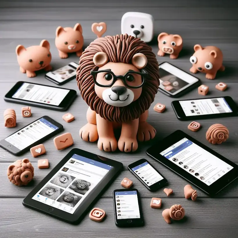 A clay lion with glasses surrounded by tablets and smart phones
