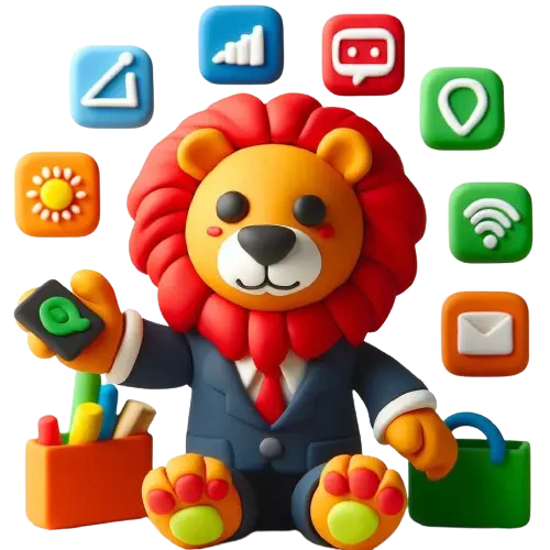 a smiling lion in a suit surrounded by floating digital related icons