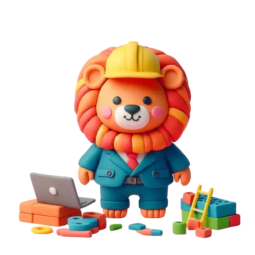 A colorful clay lion in a suit and construction hat