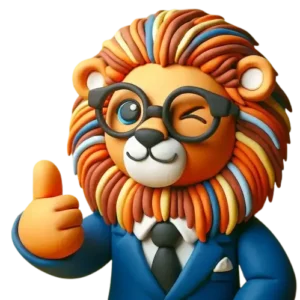 A colorful clay lion in a suit and glasses who is winking and giving the thumbs up sign
