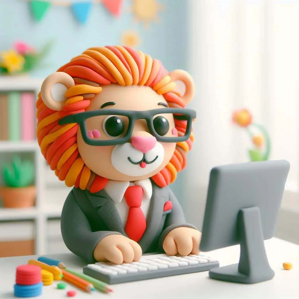 A cute colorful happy clay lion who is building a website on a computer