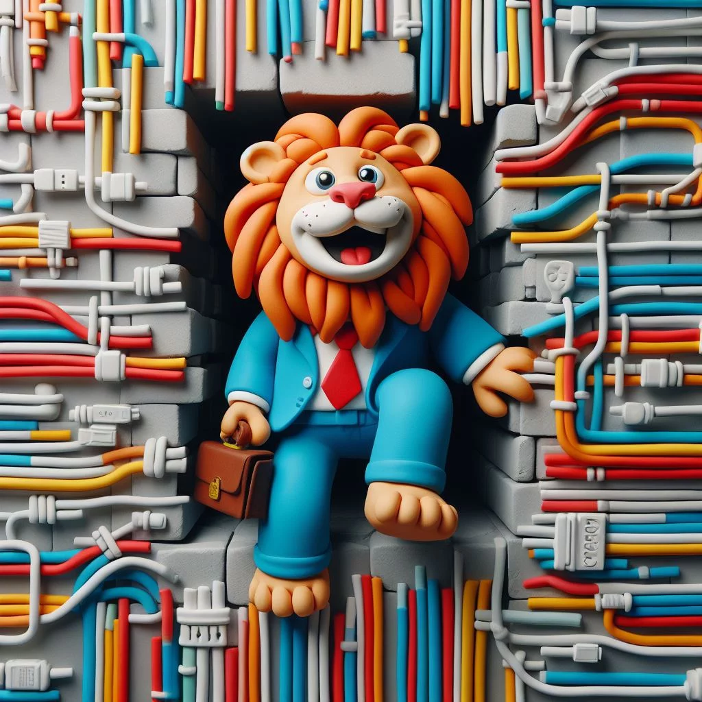 clay lion coming through a wall made of computer cables