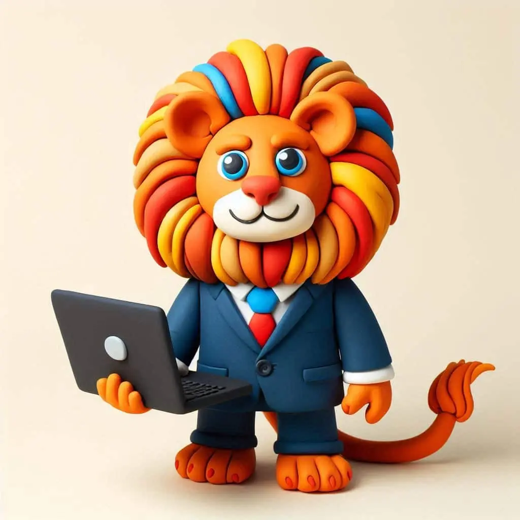 a happy colorful clay lion in a suit holding a laptop.